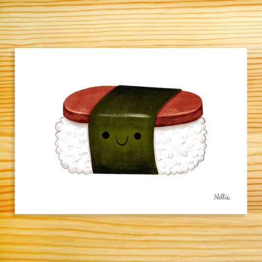 Illustration of a smiling spam musubi on a white background