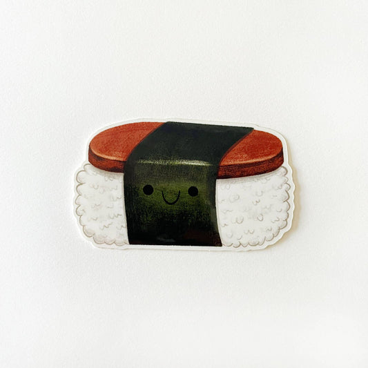 spam musubi vinyl sticker with a happy face on a white background