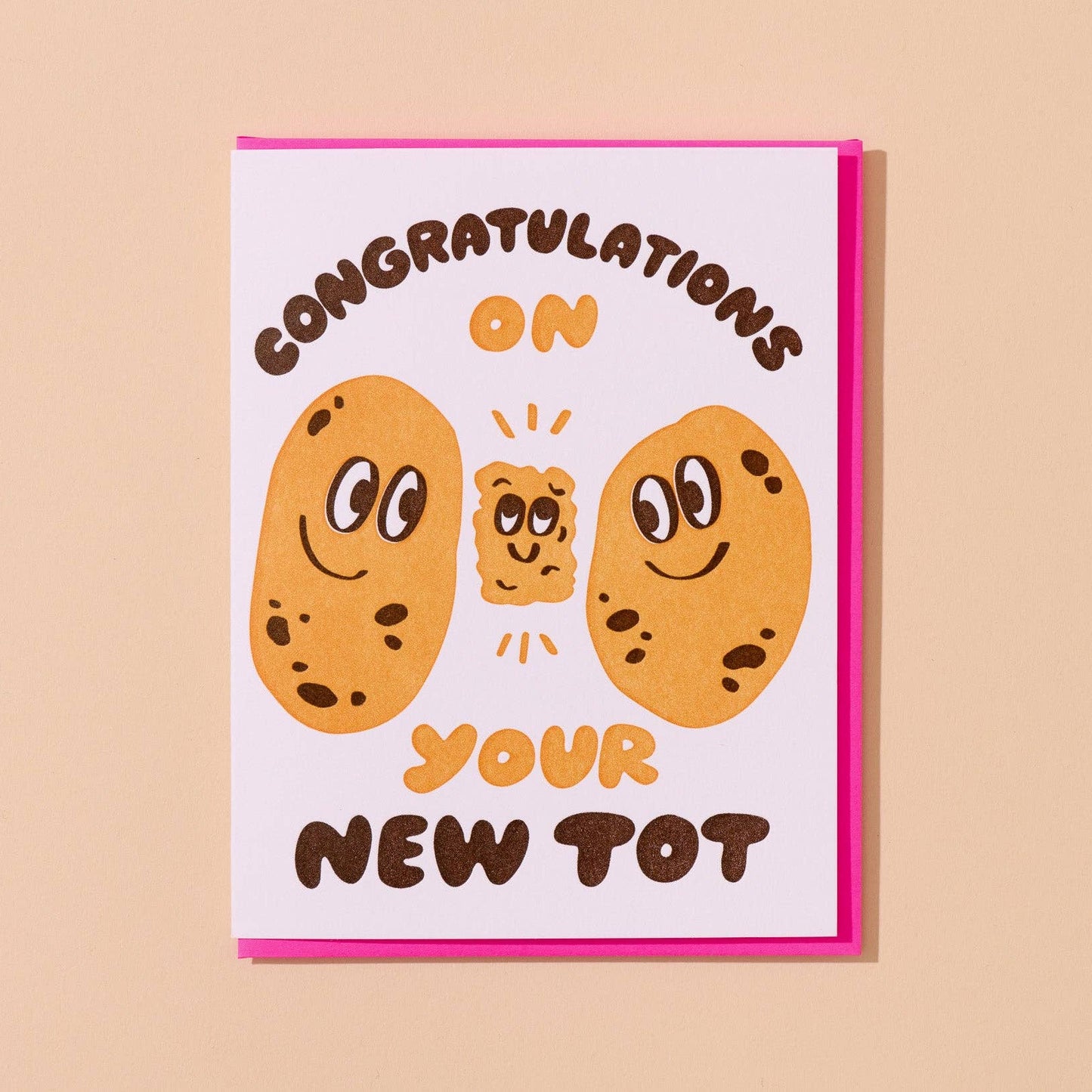 card design consists of illustrations of two potatoes and a tater tot in between them. Text reads "Congratulations on your new tot"