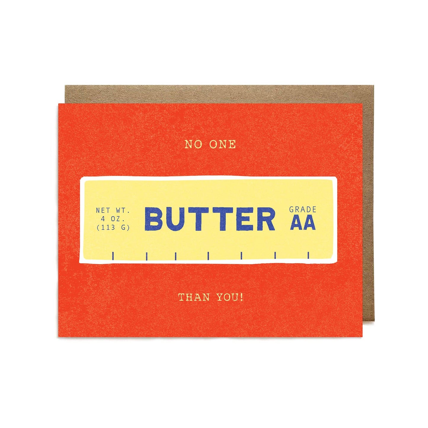 Card with a stick of butter design on a red background