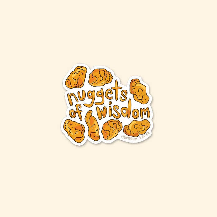 Sticker with 'nuggets of wisdom' text and cartoon gold nuggets on a beige background