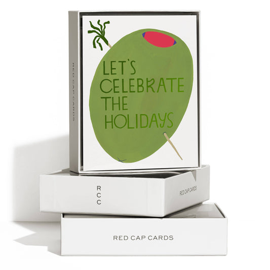 Holiday card with green olive design and 'Let's Celebrate the Holidays' text, branded as Red Cap Cards. Boxed set of 8