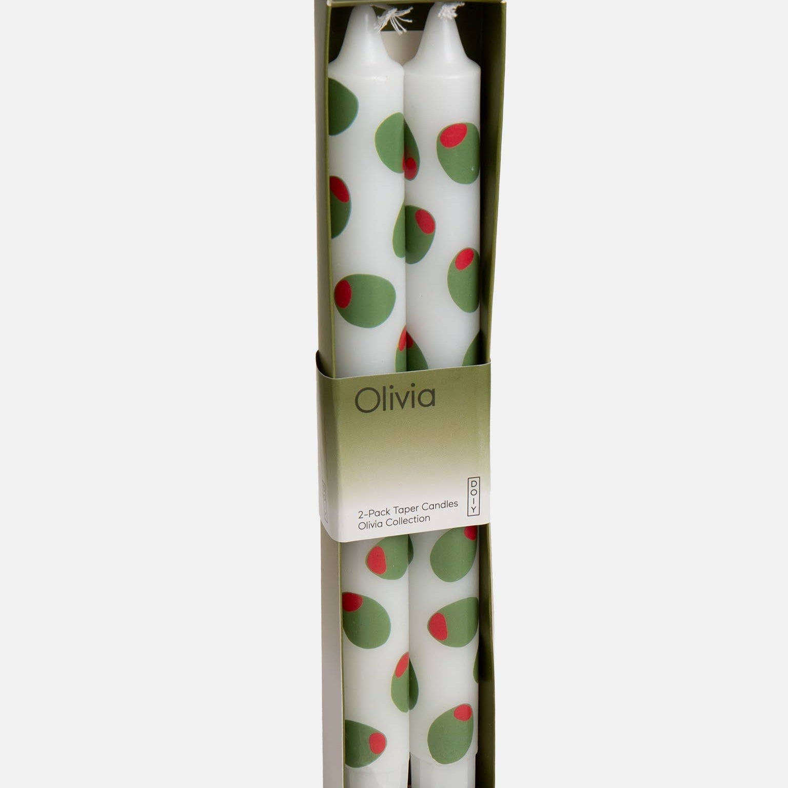 Two white candles with stuffed green olive design in a box labeled 'Olivia'.