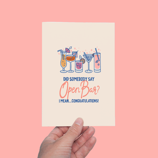 Greeting card with cocktail illustrations and text on a pink background