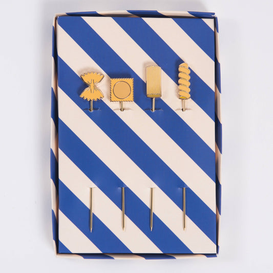 Set of yellow pasta themed cocktail picks in a blue and white striped box