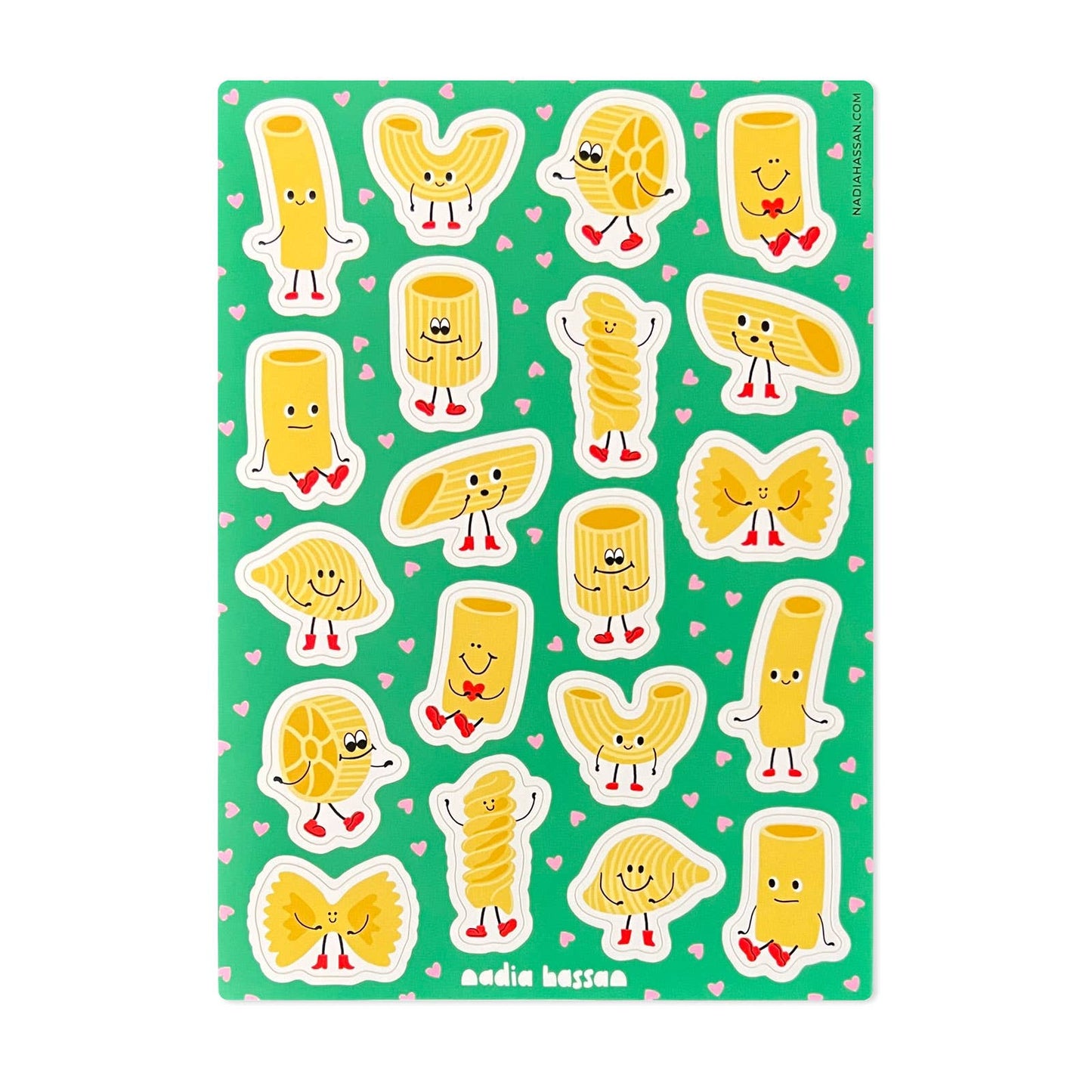 Sheet of colorful pasta-shaped stickers with smiling faces on a green background.