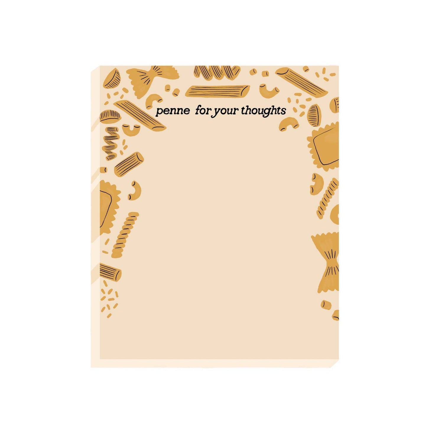 Notepad with pasta-themed design and 'penne for your thoughts' text on a beige background