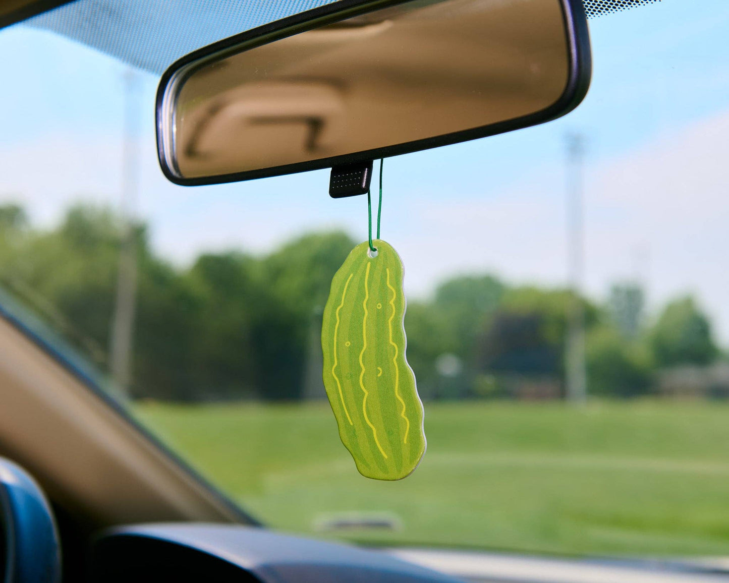 Car air freshener shaped like a pickle hanging from a rearview mirror with a blurred outdoor background.
