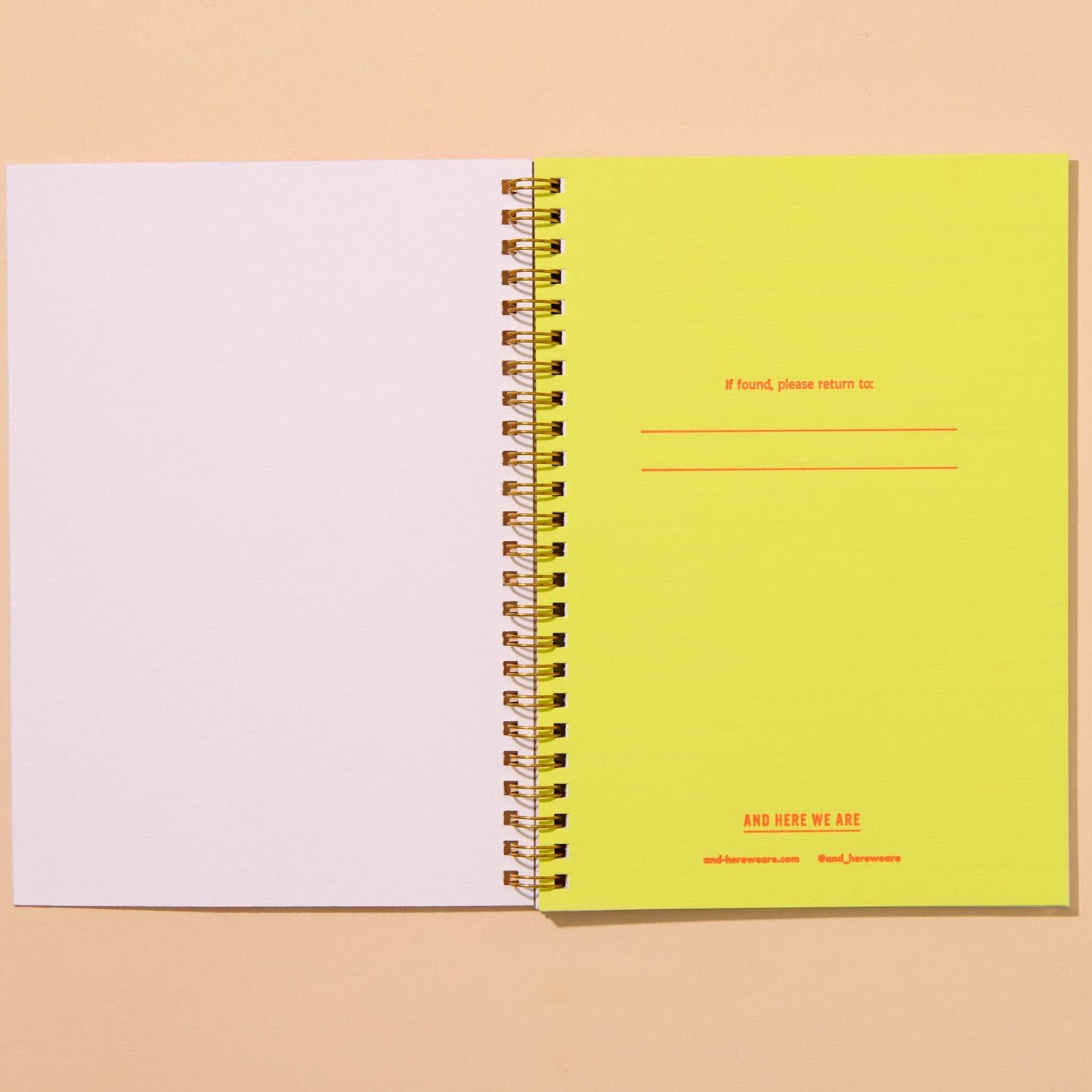 first page of pickle notebook. Page is colored yellow and red text reads "If found, please return to:" along with brand name along bottom center
