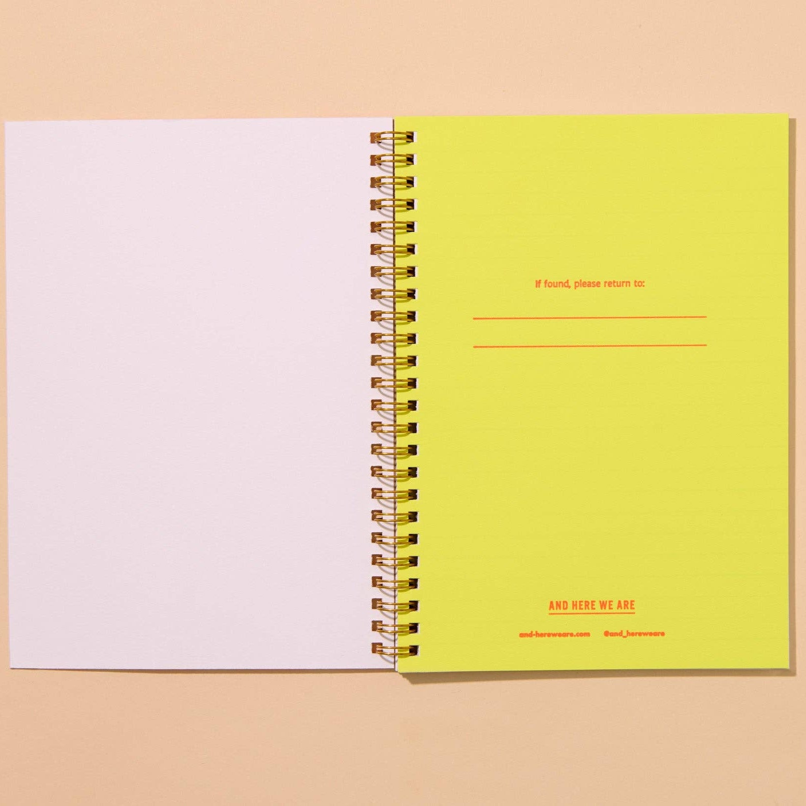 first page of pickle notebook. Page is colored yellow and red text reads "If found, please return to:" along with brand name along bottom center