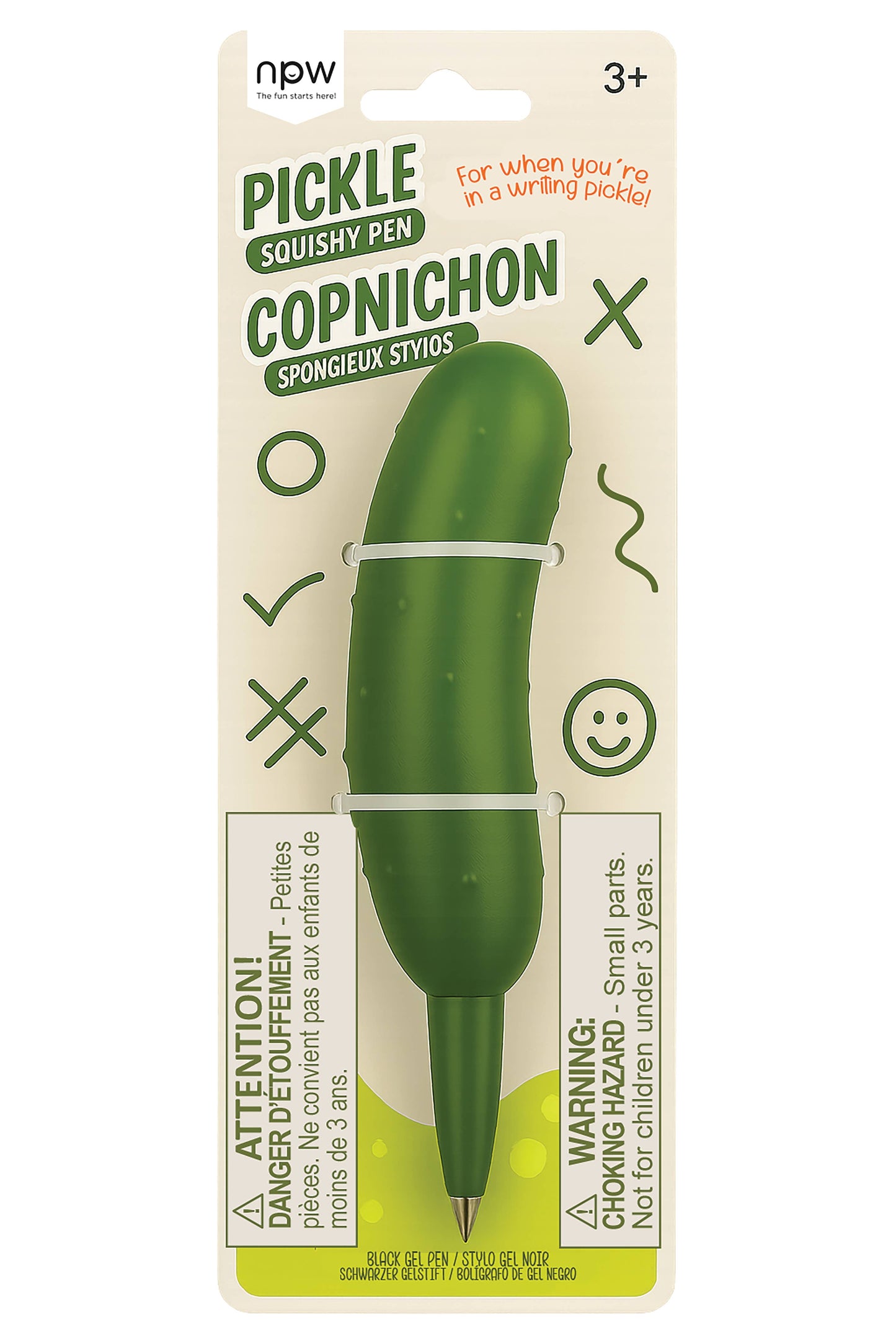 Green squishy pickle pen in packaging with 'npw' branding