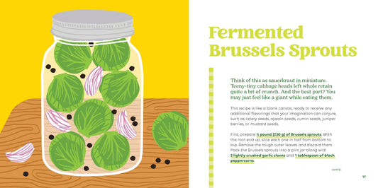Illustration of a jar of fermented Brussels sprouts on a yellow background with text about the recipe.