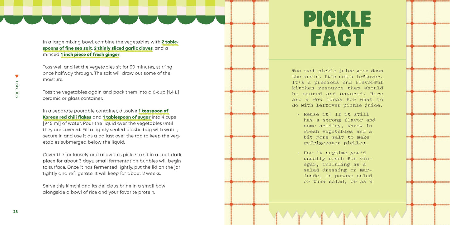 Pickle recipe card with text and grid pattern
