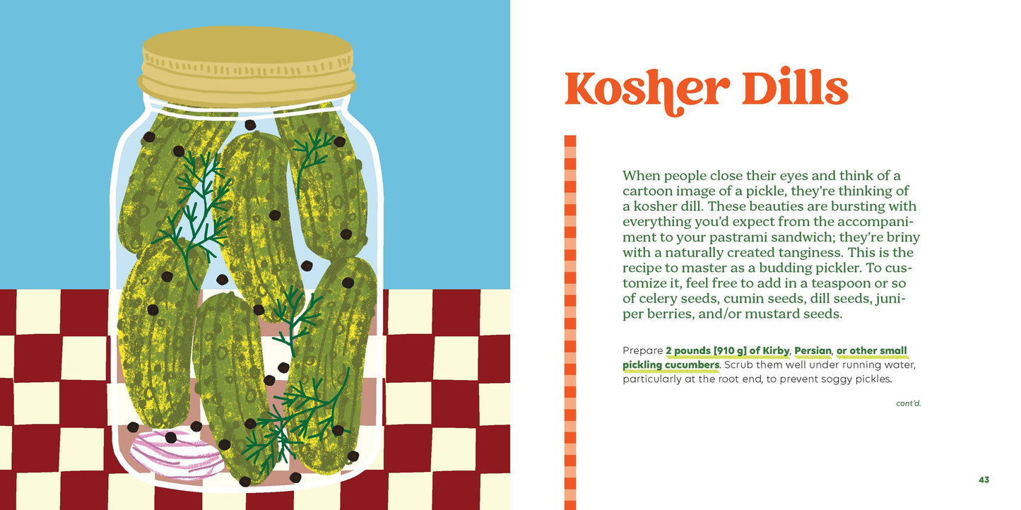 Illustration of a jar of pickles with text about kosher dills on a checkered background