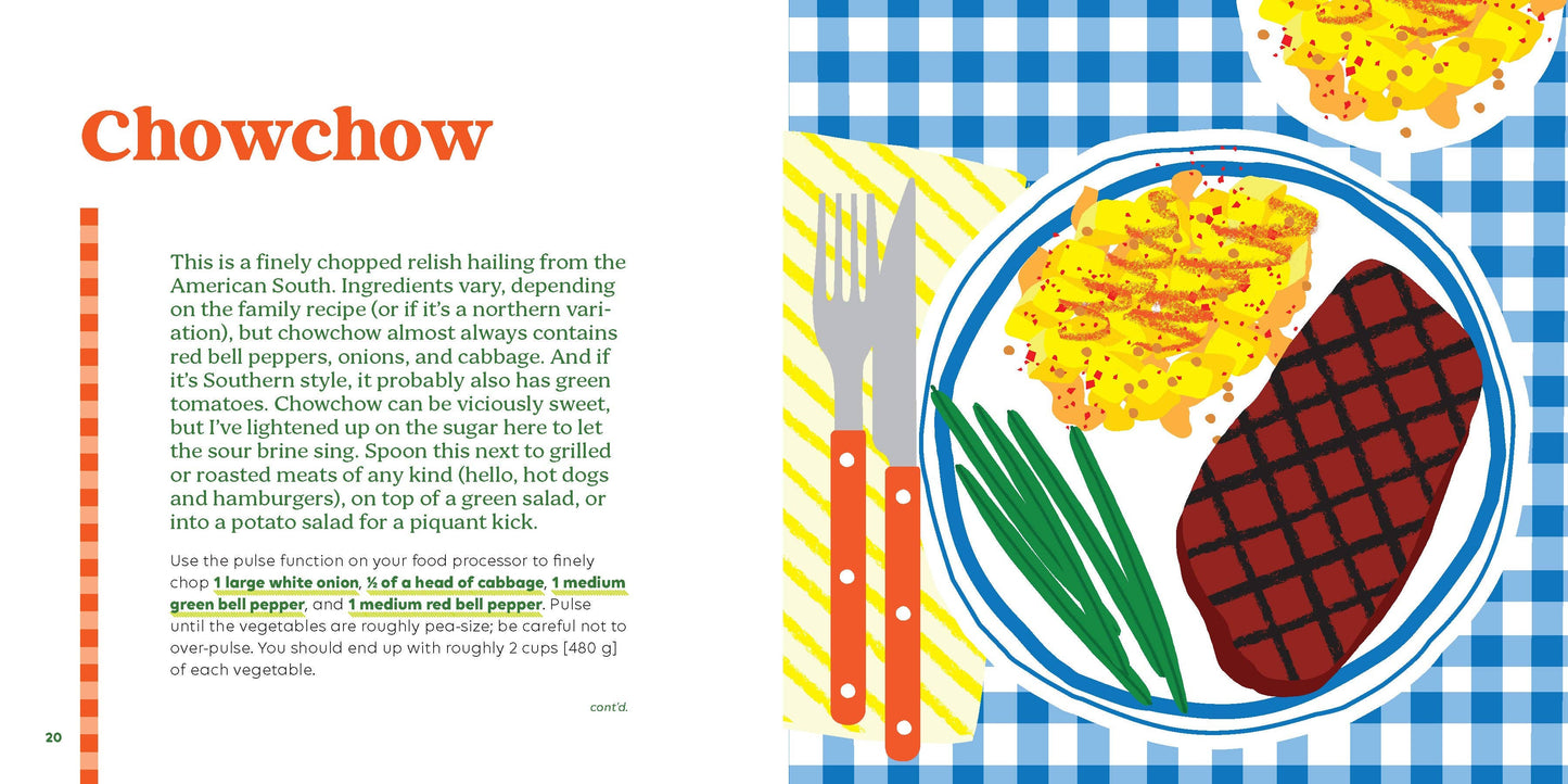 Illustration of a plate with chowchow, a relish, on a checkered tablecloth with text about the dish.