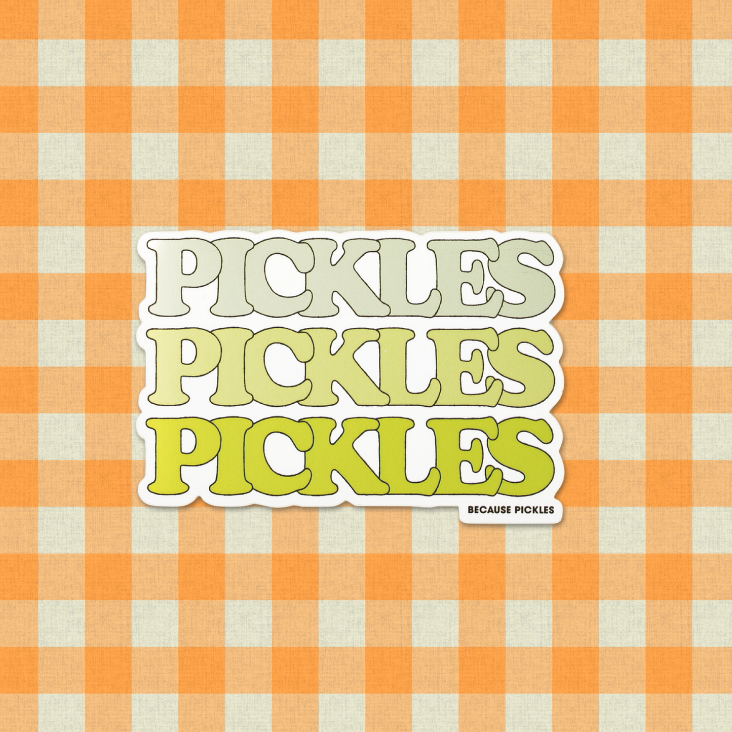 Sticker with 'PICKLES' text on an orange and beige checkered background