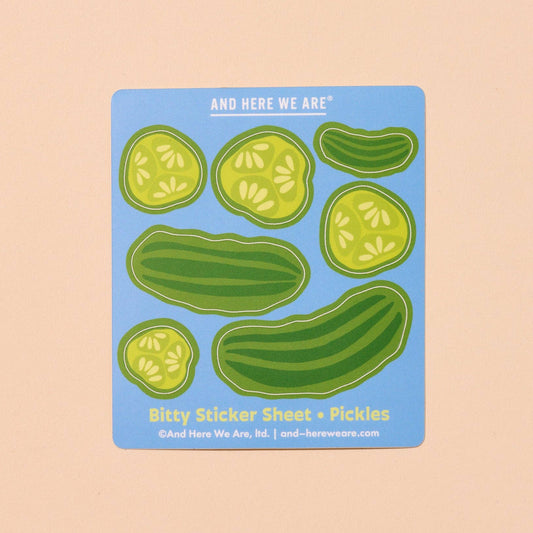 Sticker sheet with pickle designs on a blue background