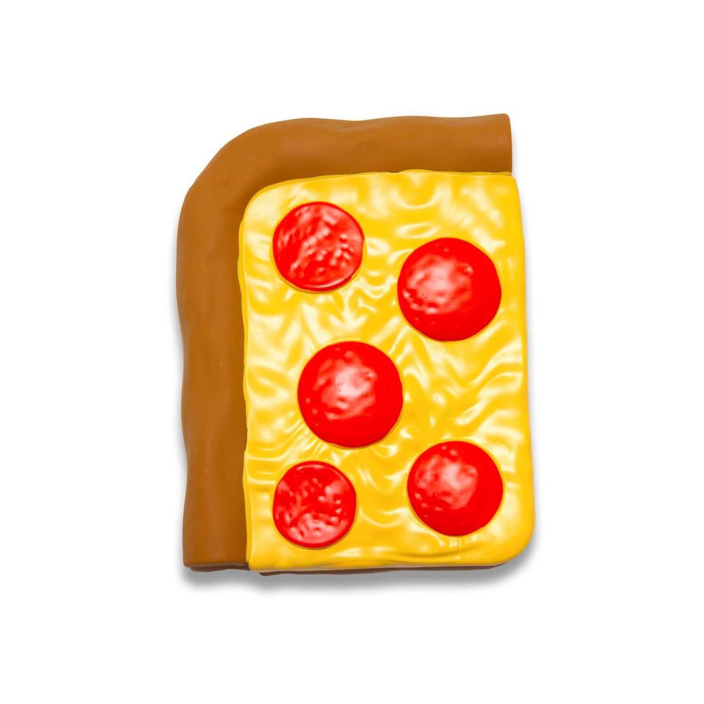 Baby teether shaped like a slice of pizza with cheese and tomatoes on a white background