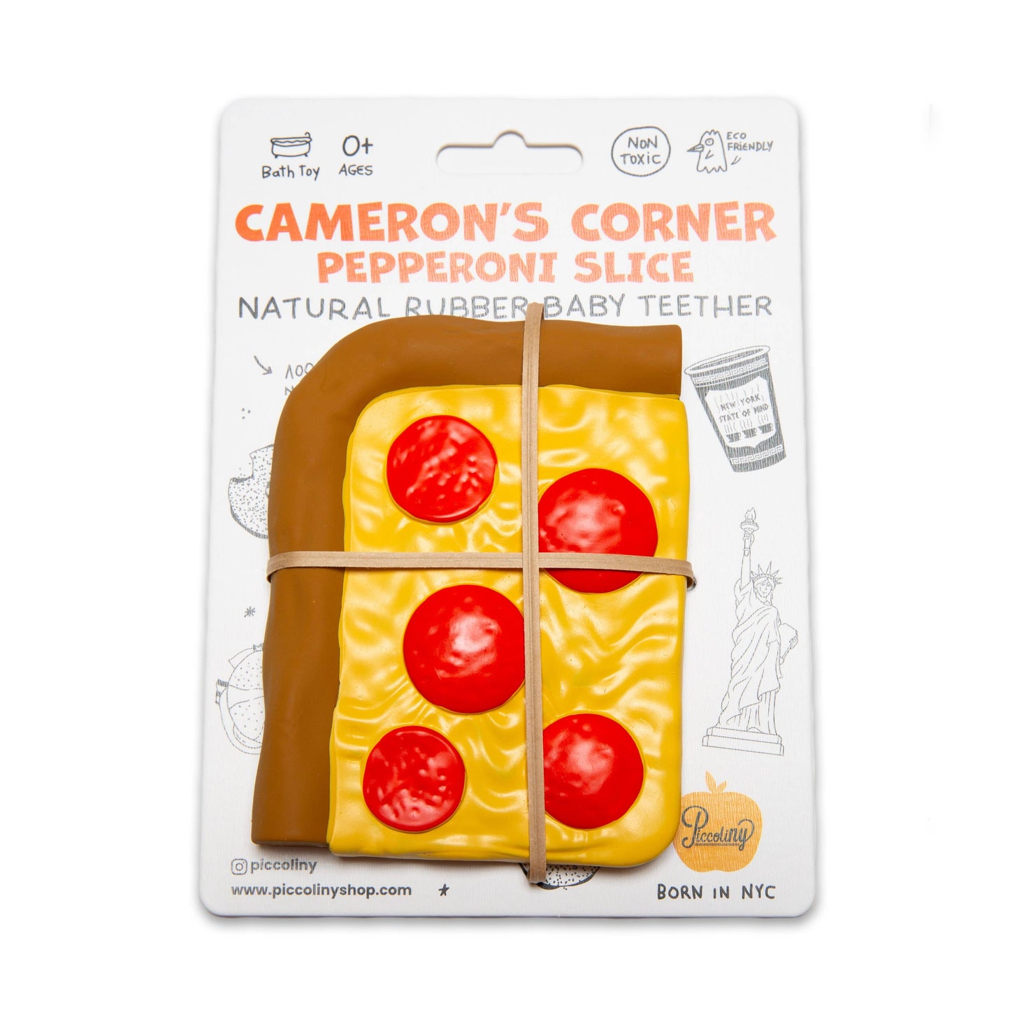 Package of Cameron's Corner pepperoni slice natural rubber baby teether on a white background