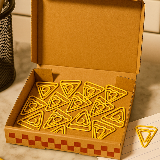 Box of yellow triangle-shaped paper clips on a checkered surface with a pen and notebook.