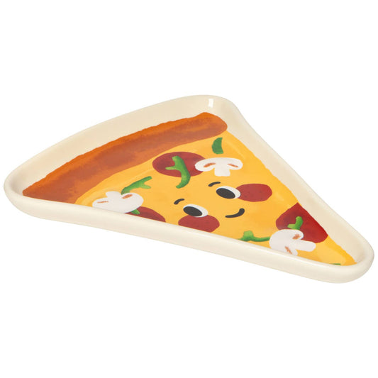 Triangular pizza-shaped plate with cartoon face design on a white background