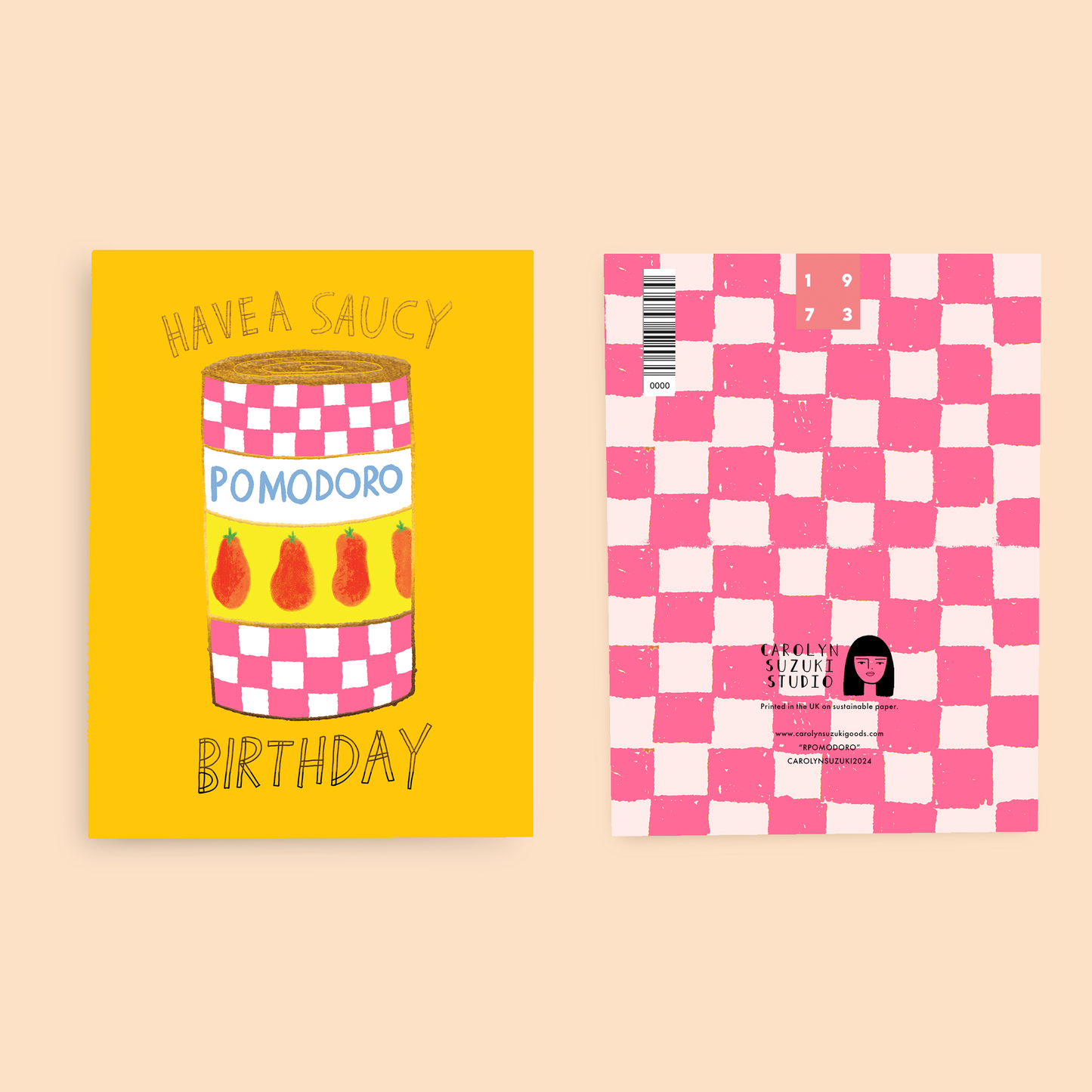 Two sides of the pomodoro greeting card -- one with a yellow card featuring a tomato can illustration and the other with a pink and white checkered card with text.