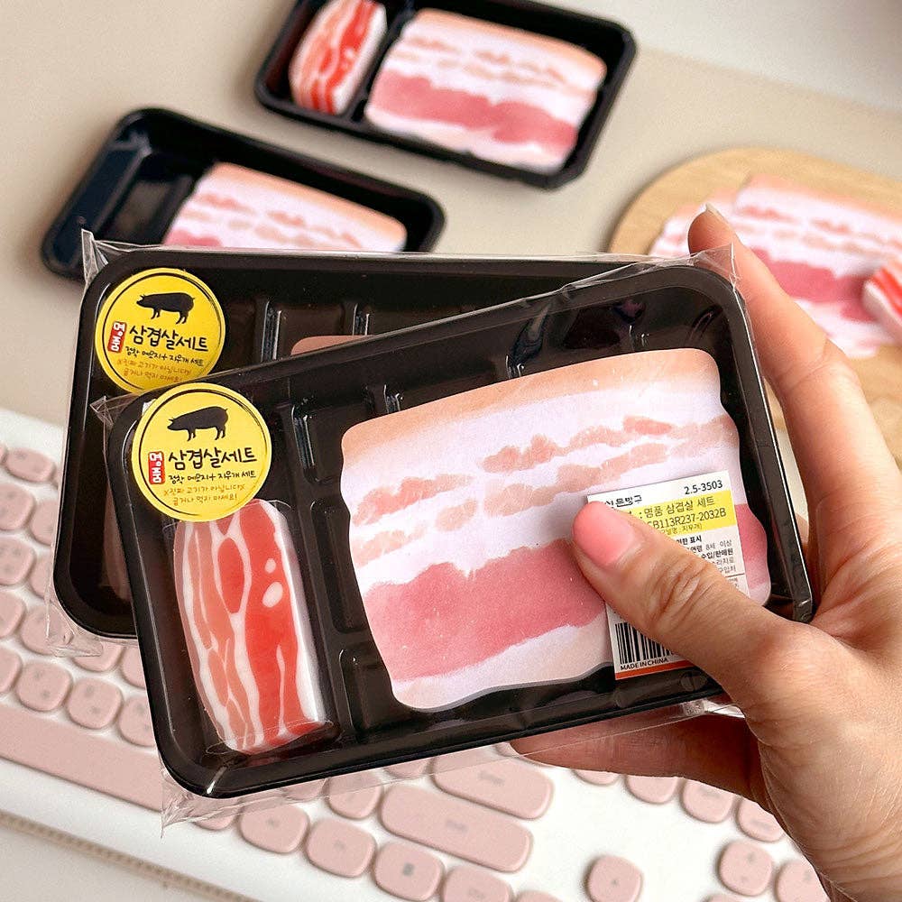 packaged memo pad and eraser that look like slices of pork belly