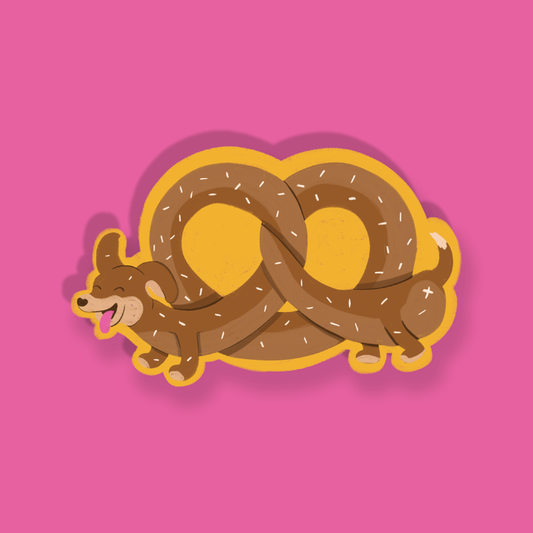 Illustration of a dog inside a pretzel shape on a pink background