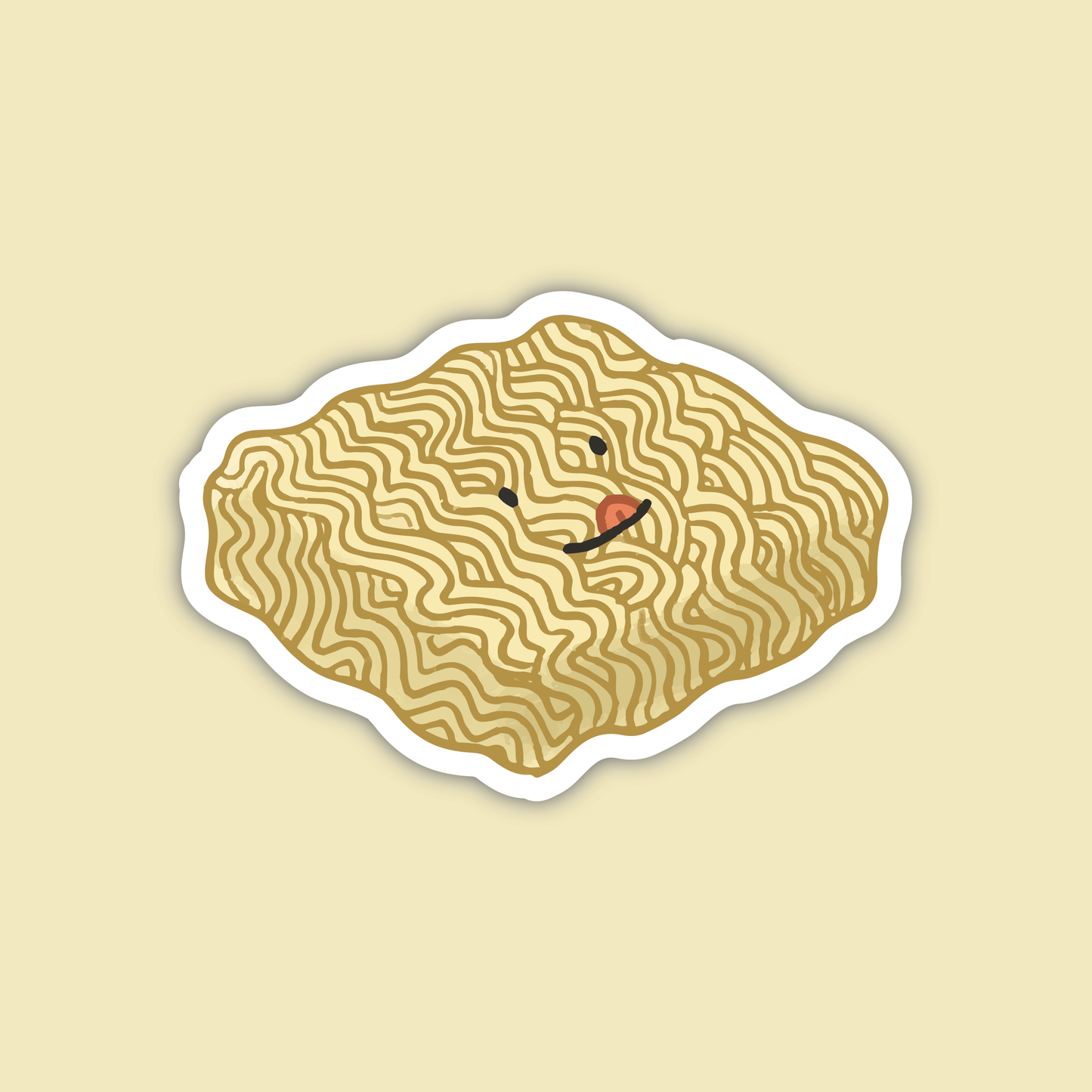 Sticker of a smiley faced block of ramen noodles on a beige background