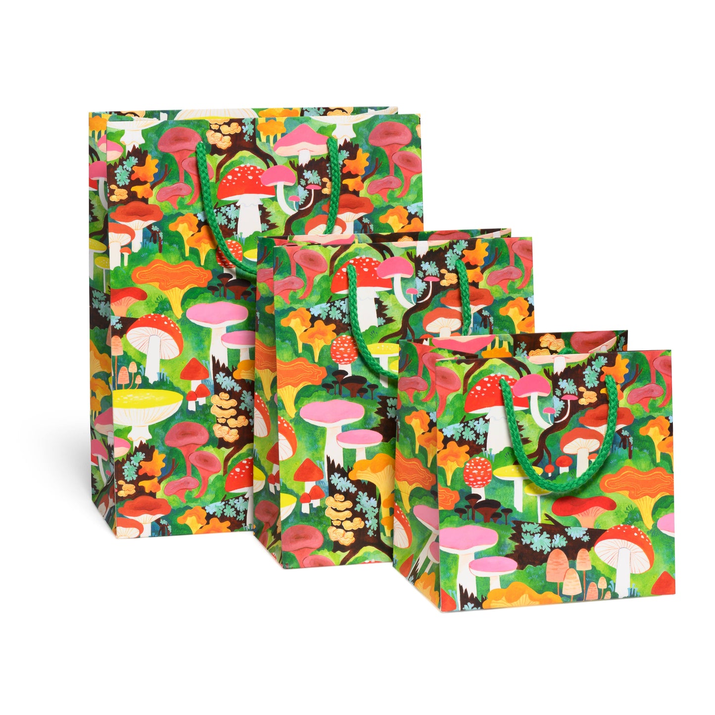 3 sizes of green, mushroom gift bags: large, medium, small