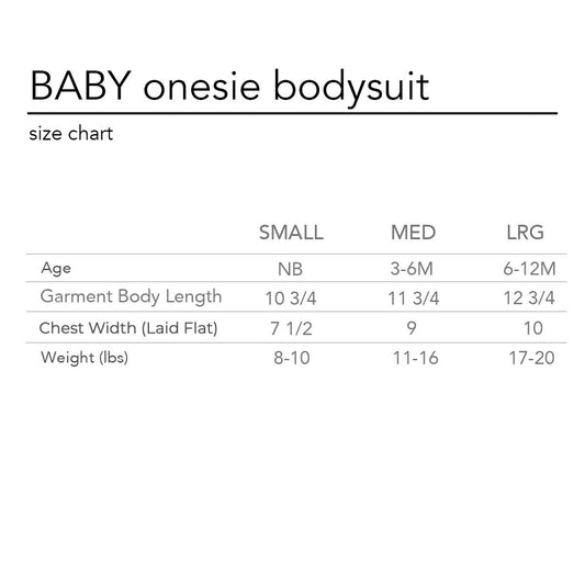 size chart for the baby onesie