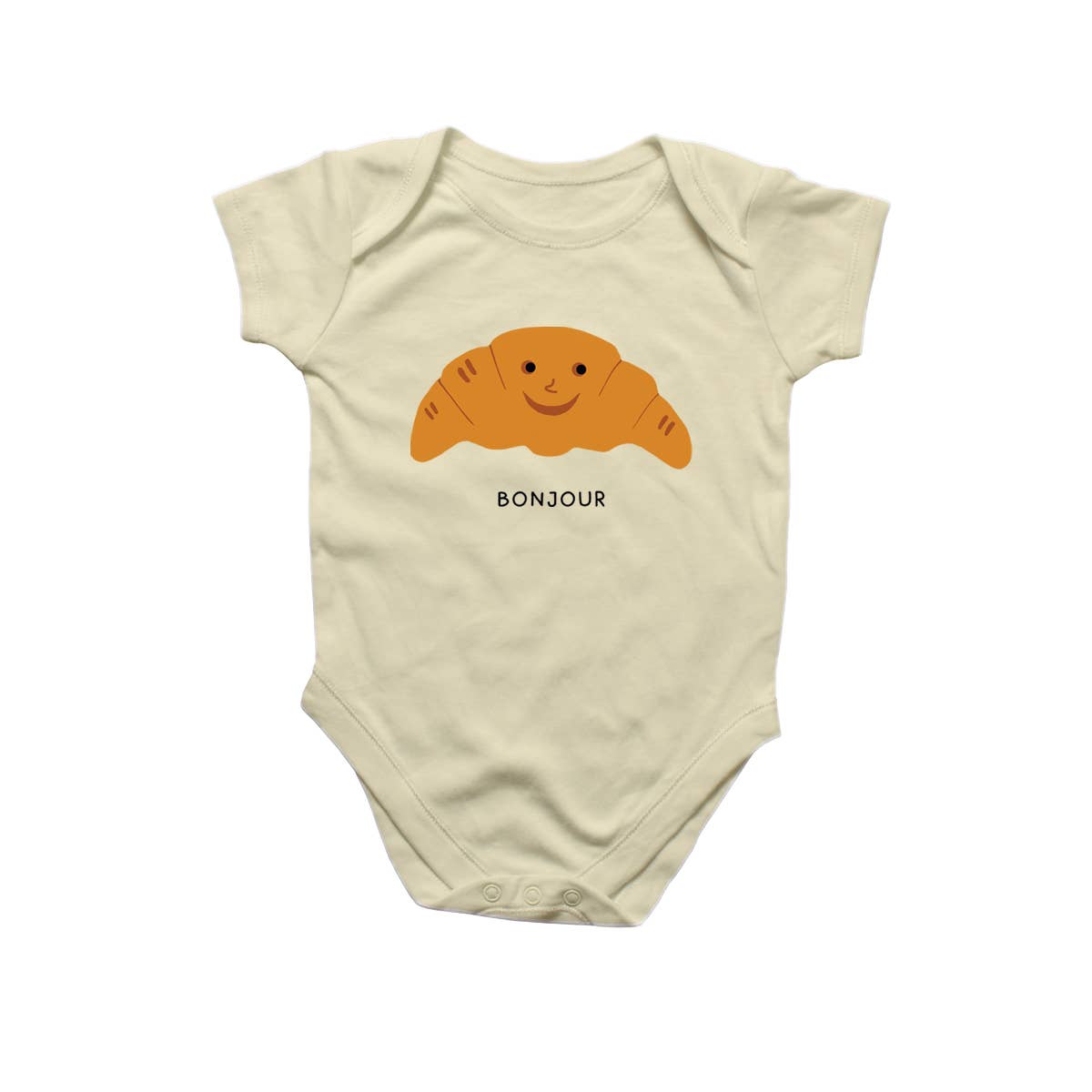 Baby onesie w/snap closure on bottom -- has a smiley faced croissant in the center with the word "Bonjour" underneath