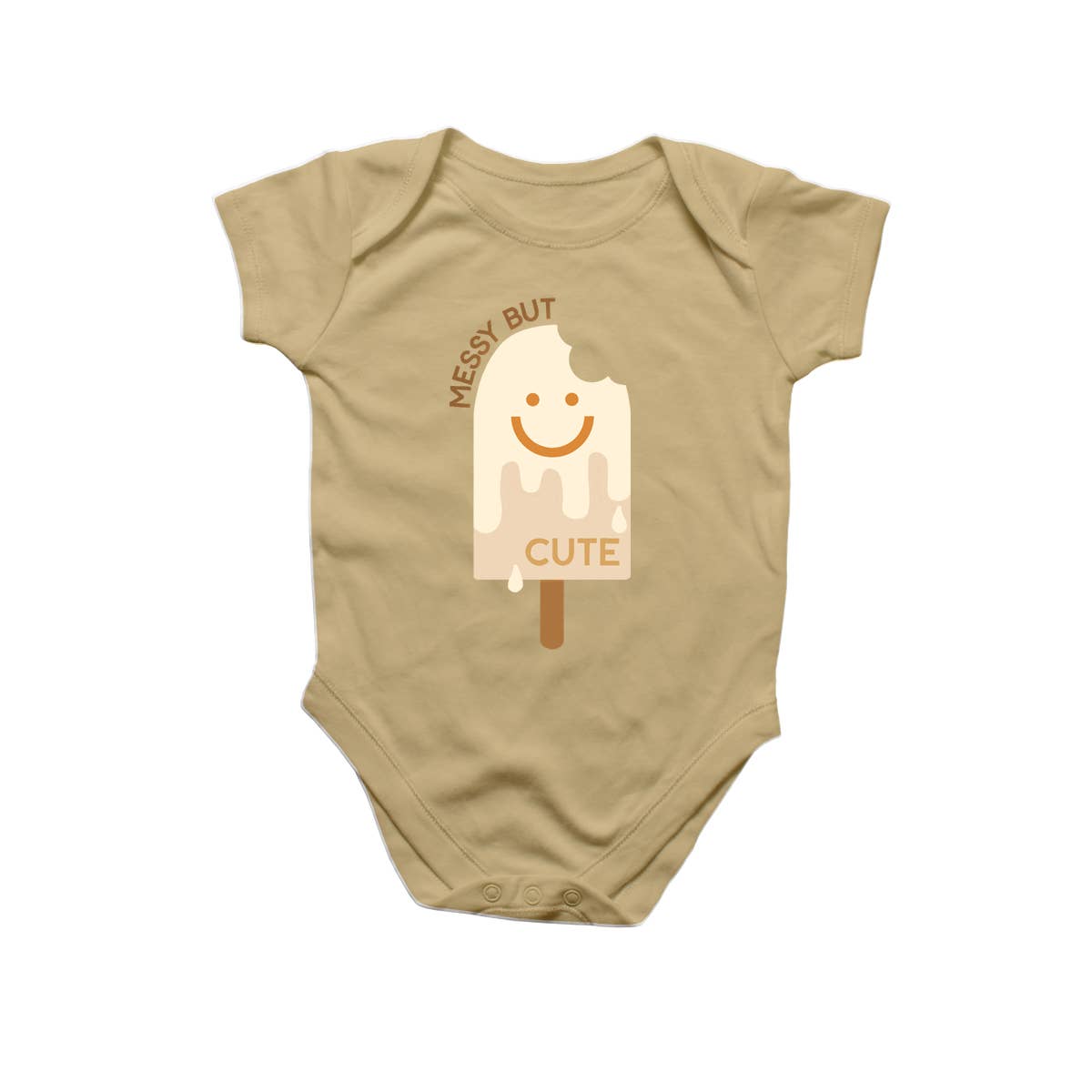 baby onesie with a bitten/melting popsicle design. Text reads "Messy but Cute"