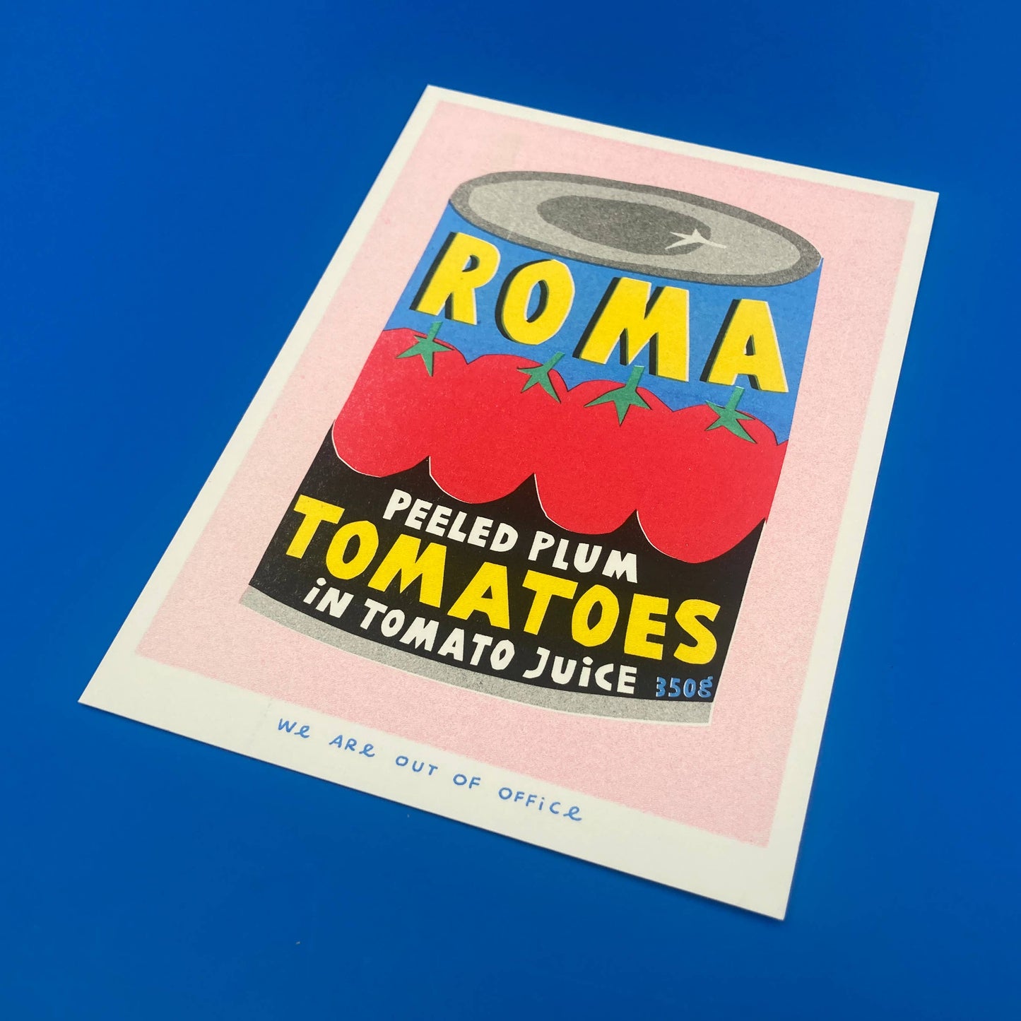 Vintage-style illustration of a can of Roma peeled plum tomatoes on a blue background