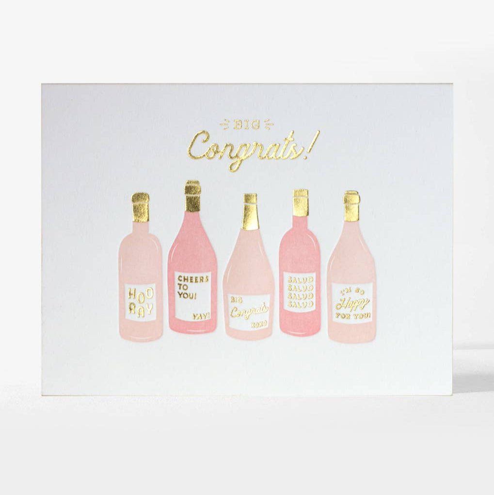 Greeting card with pink rose bottles and 'Congrats!' text on a white background