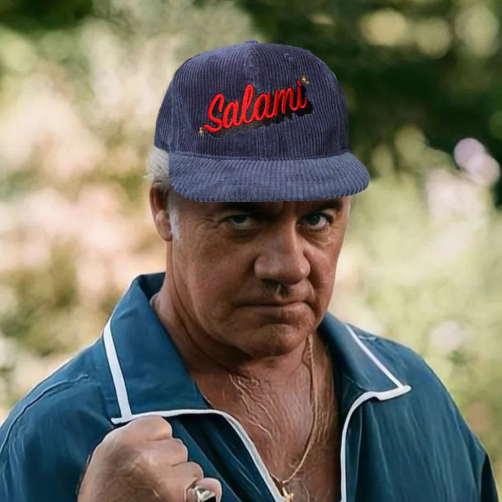Salami hat on male model.