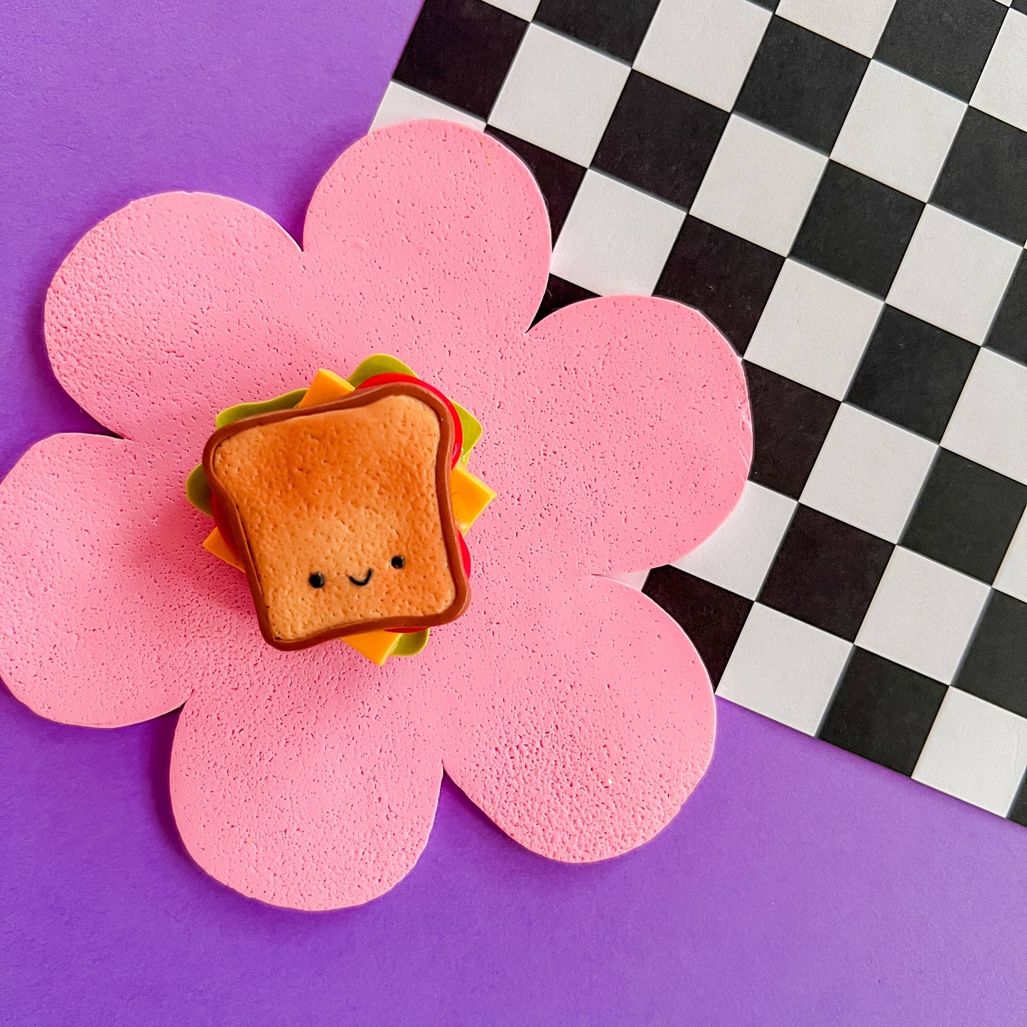 mini smiley faced sandwich magnet with cheese, tomato and lettuce