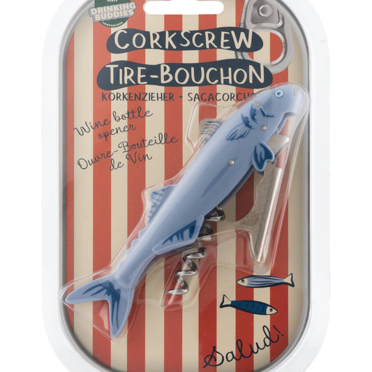 Fish-shaped corkscrew on a striped packaging background