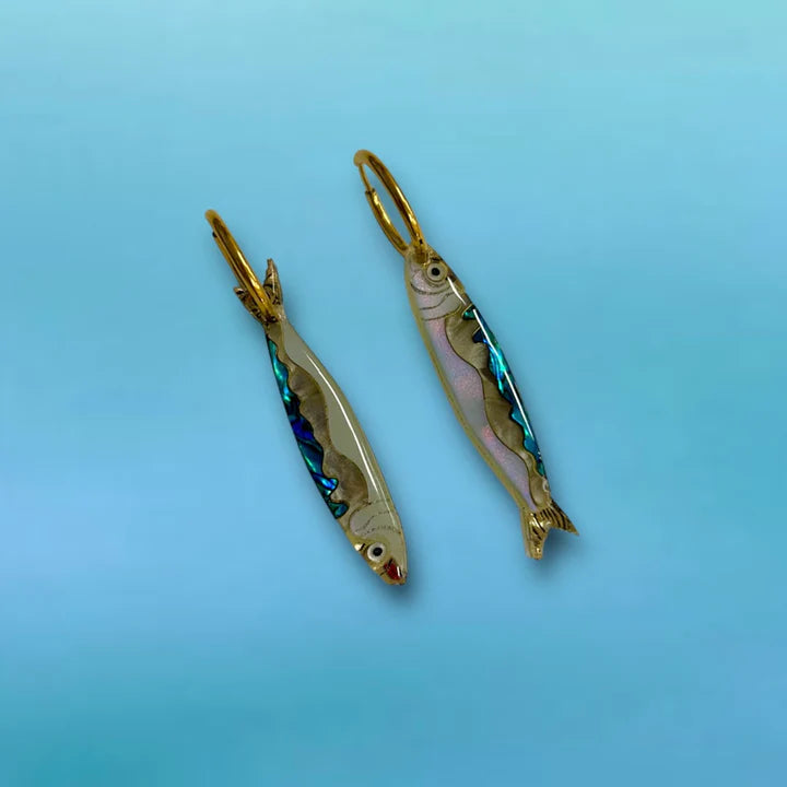 pair of earrings made out of acrylic that look like sardines