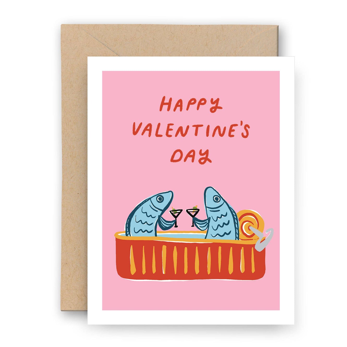 card reads "happy valentine's day" and has two sardines sitting in a tinned can while drinking martinis