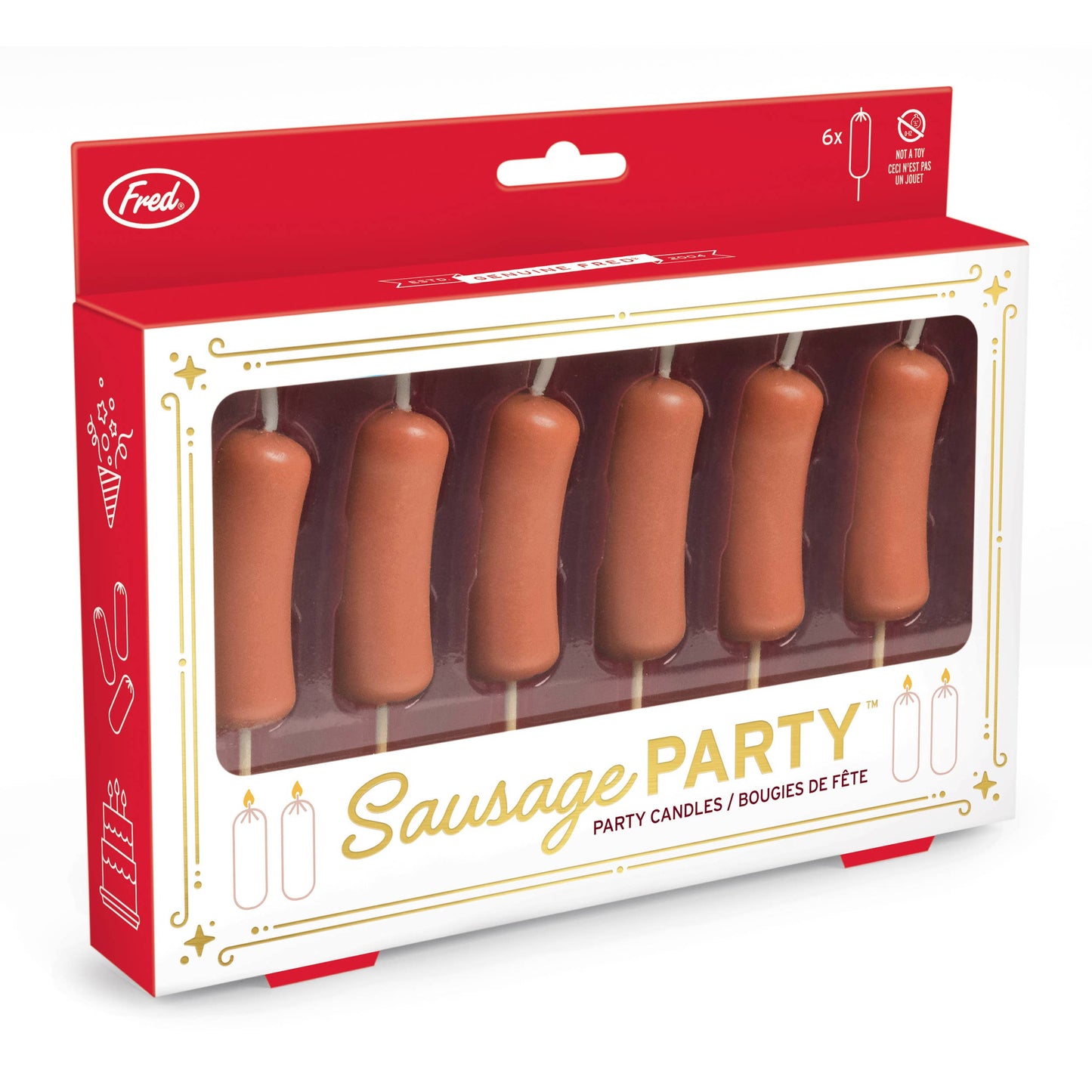 set of 6 birthday candles that look like sausages in box packaging