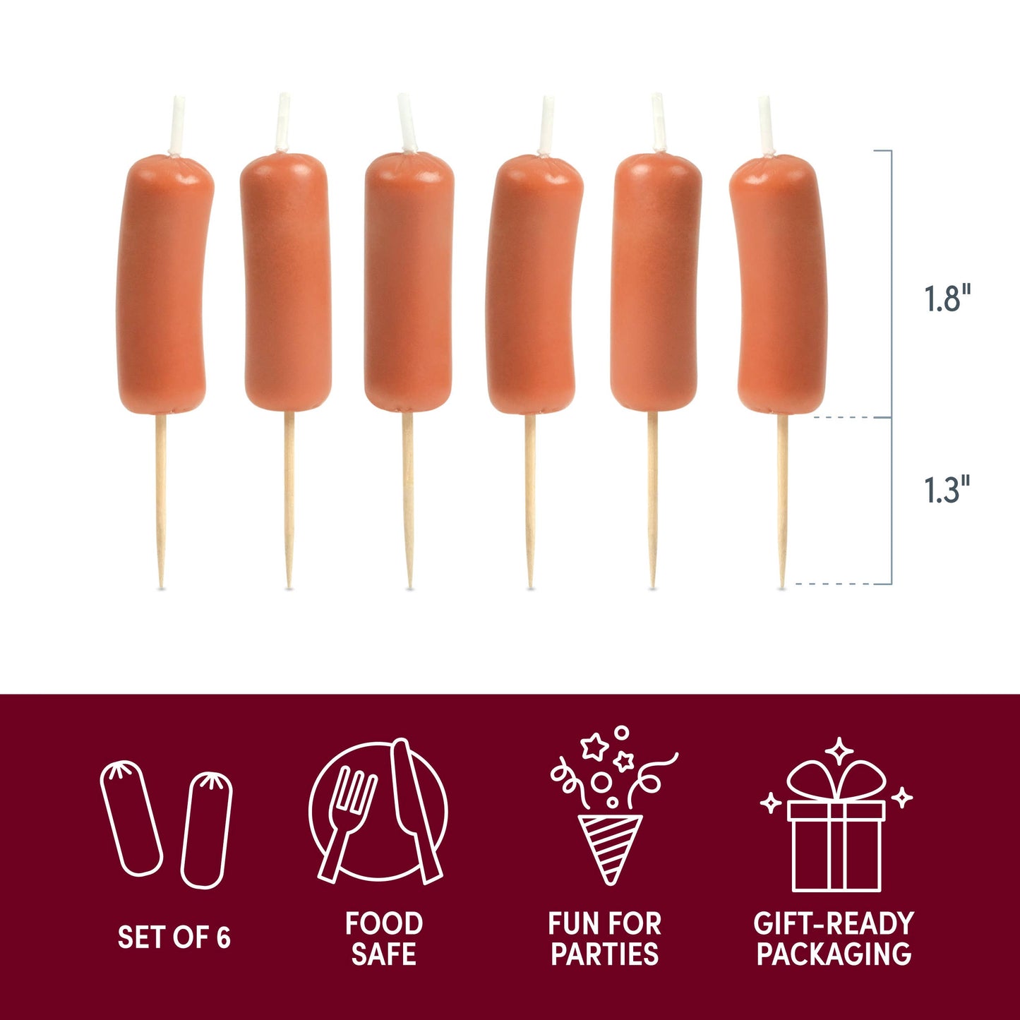 set of 6 birthday candles that look like sausages. Image shows the dimensions of each candle with toothpick along with other details of the product