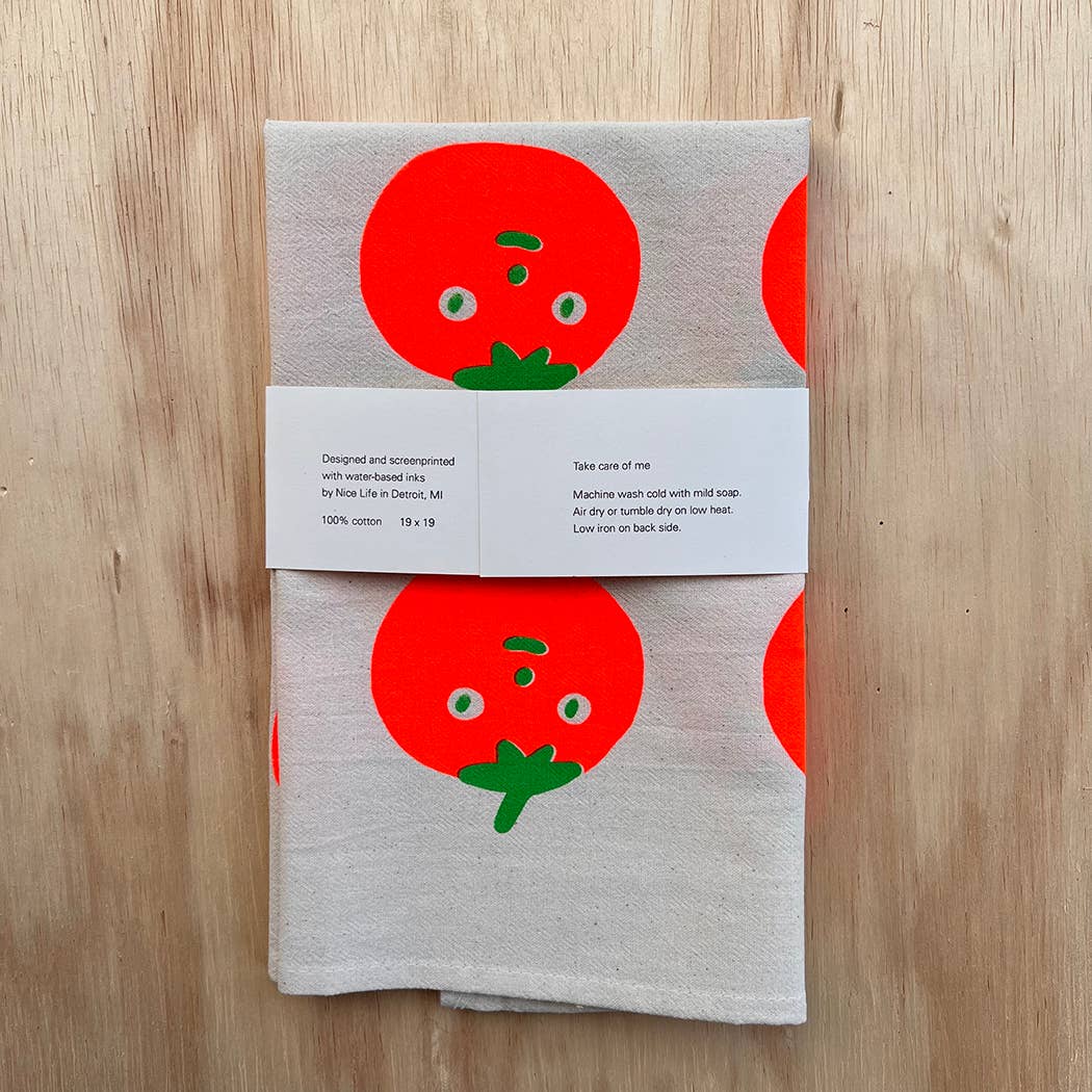 tomato design tea towel, screenprinted by hand in paper band packaging