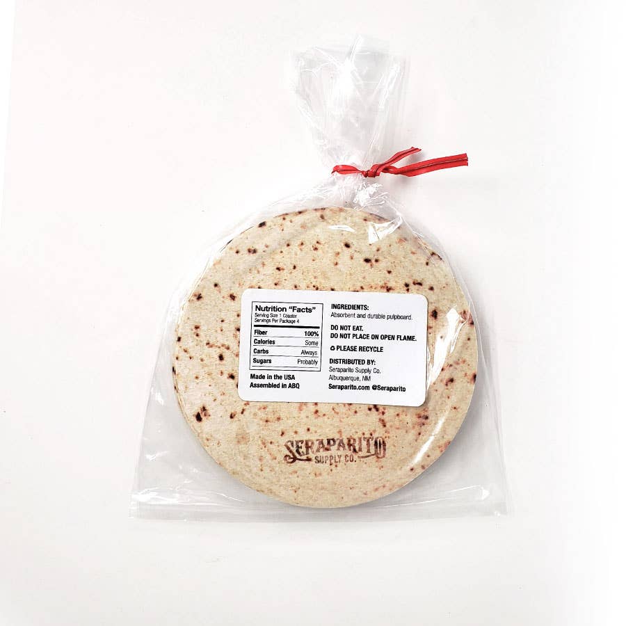 the back of the plastic bag packaging for the tortilla coasters