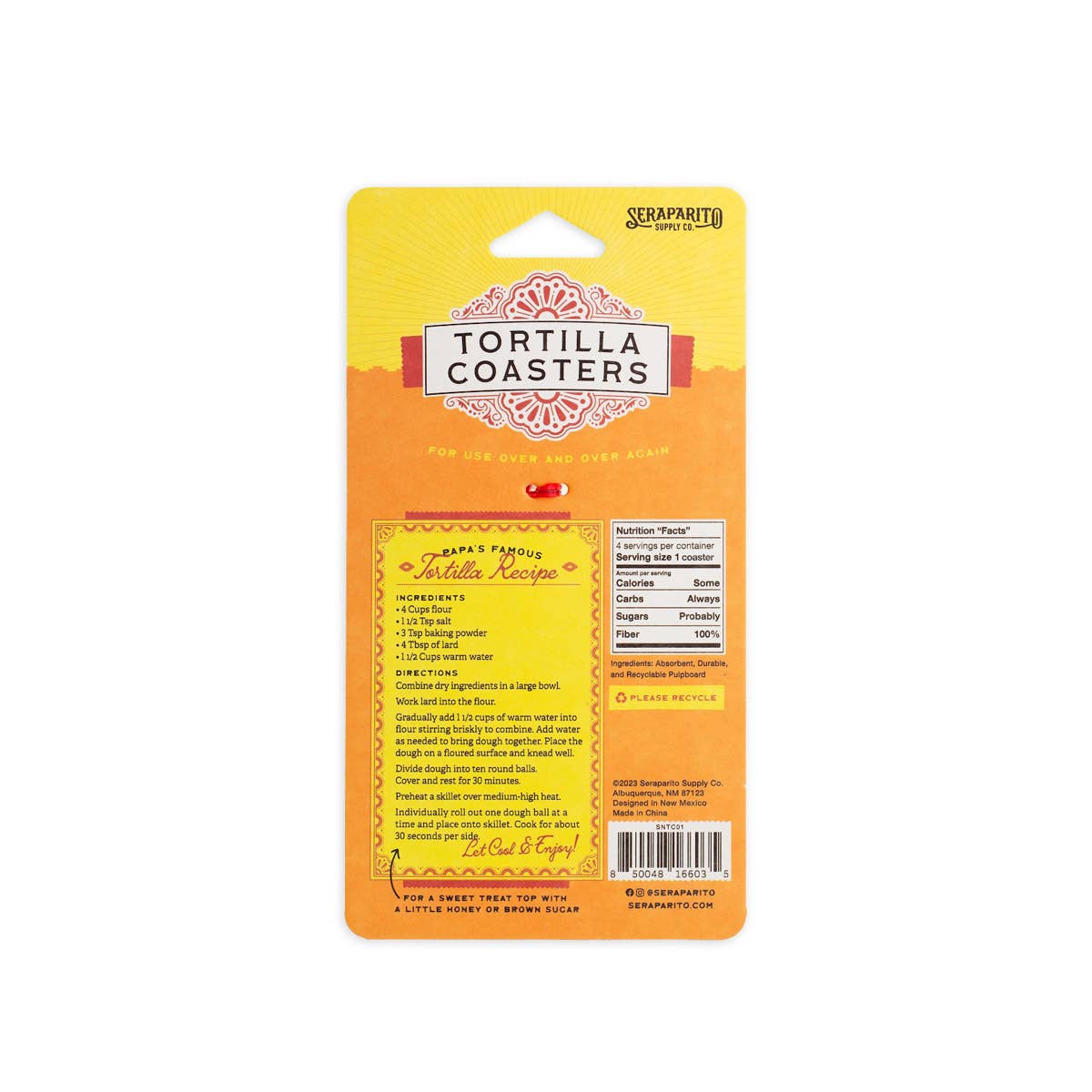 back of the card backing packaging of the tortilla coasters