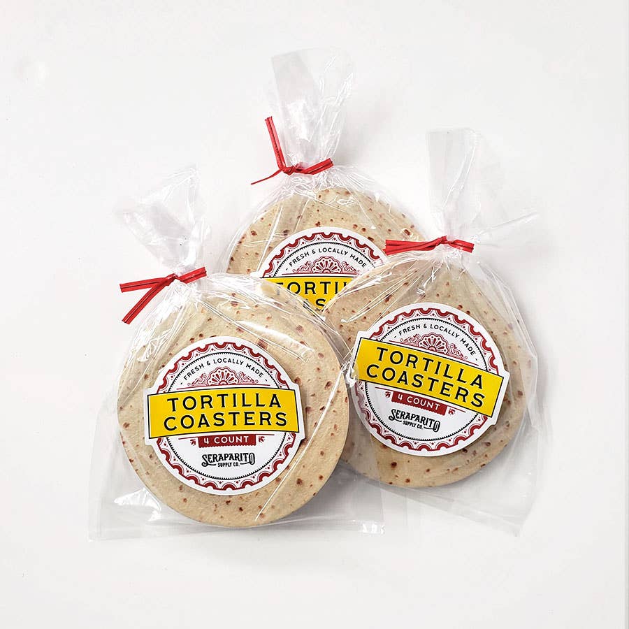 three sets of tortilla coasters in plastic packaging