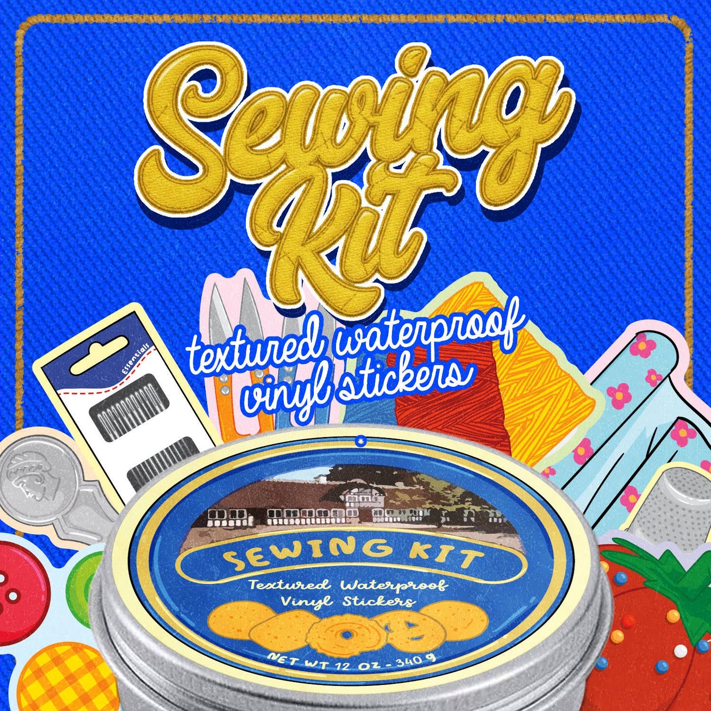 Sewing kit packaging with colorful vinyl stickers on a blue background