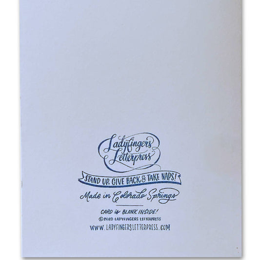 back of card with branding logo and copyright and contact info