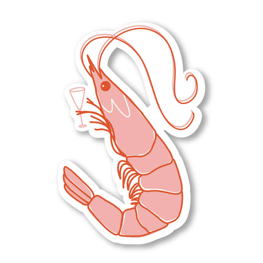 Sticker of a pink shrimp holding a cocktail on a white background