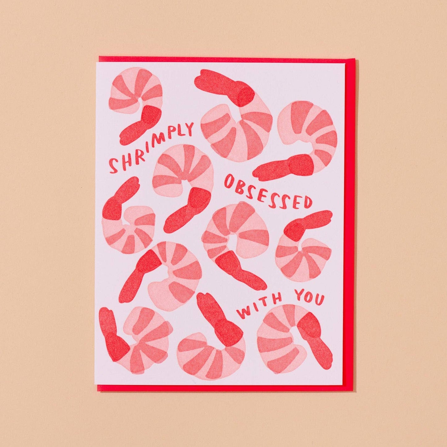 card with shrimp all over it and text that reads "Shrimply obsessed with you"